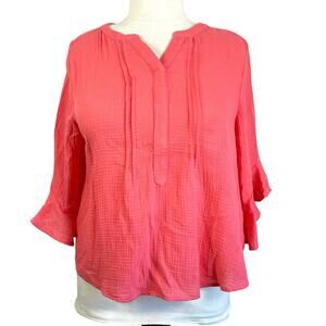 Chico’s Coral Pink Melon Gauzy 100% Cotton Blouse Top Ruffle Bell Sleeve XL